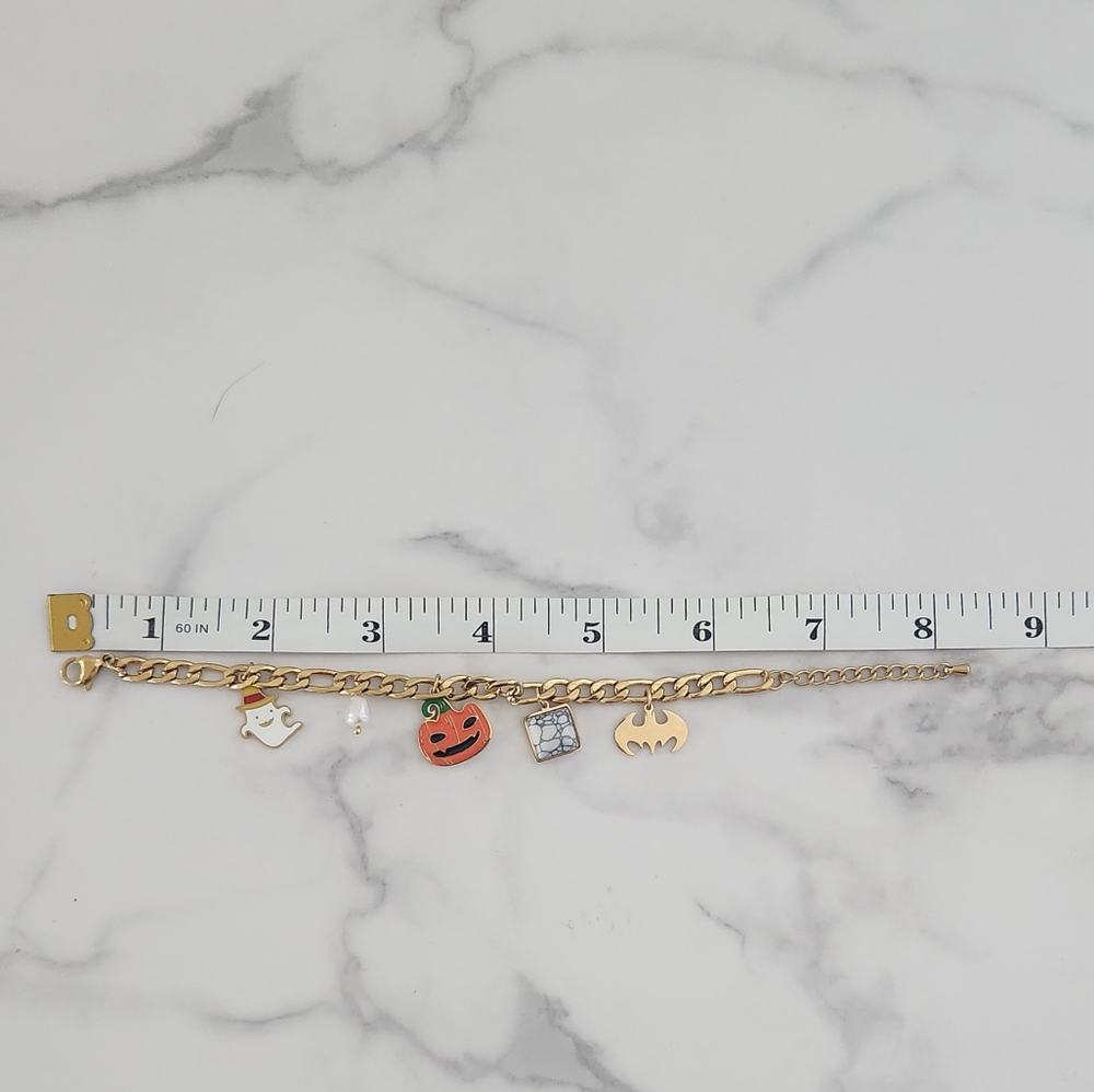 Halloween Gold Plated Stainless Steel Pumpkin Ghost Multi Pendant Charm Bracelet - Picture 8 of 9